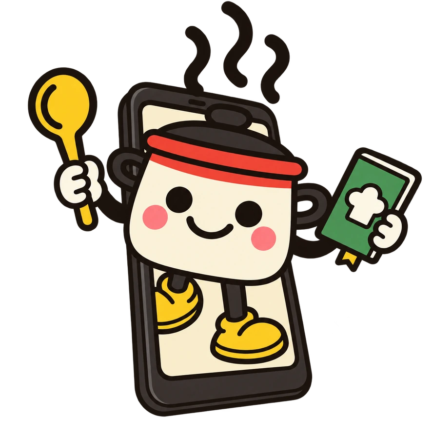 Rango, a panela mascote do app, saindo da tela de um celular com uma colher e um livro de receitas nas mãos