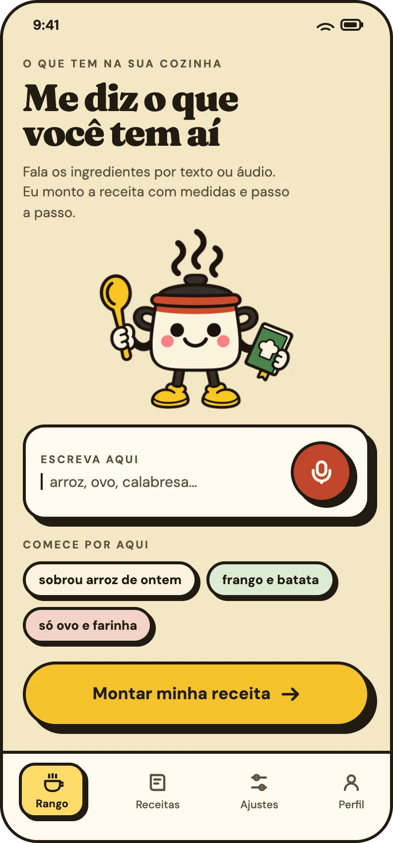 Tela inicial do Rango pedindo os ingredientes