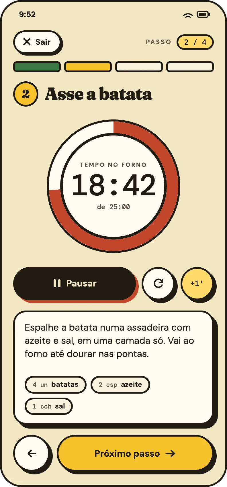 Modo cozinhar com timer e passo a passo