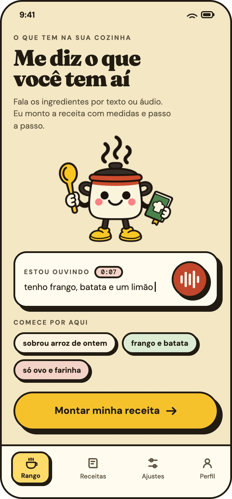 Tela do Rango gravando os ingredientes por áudio