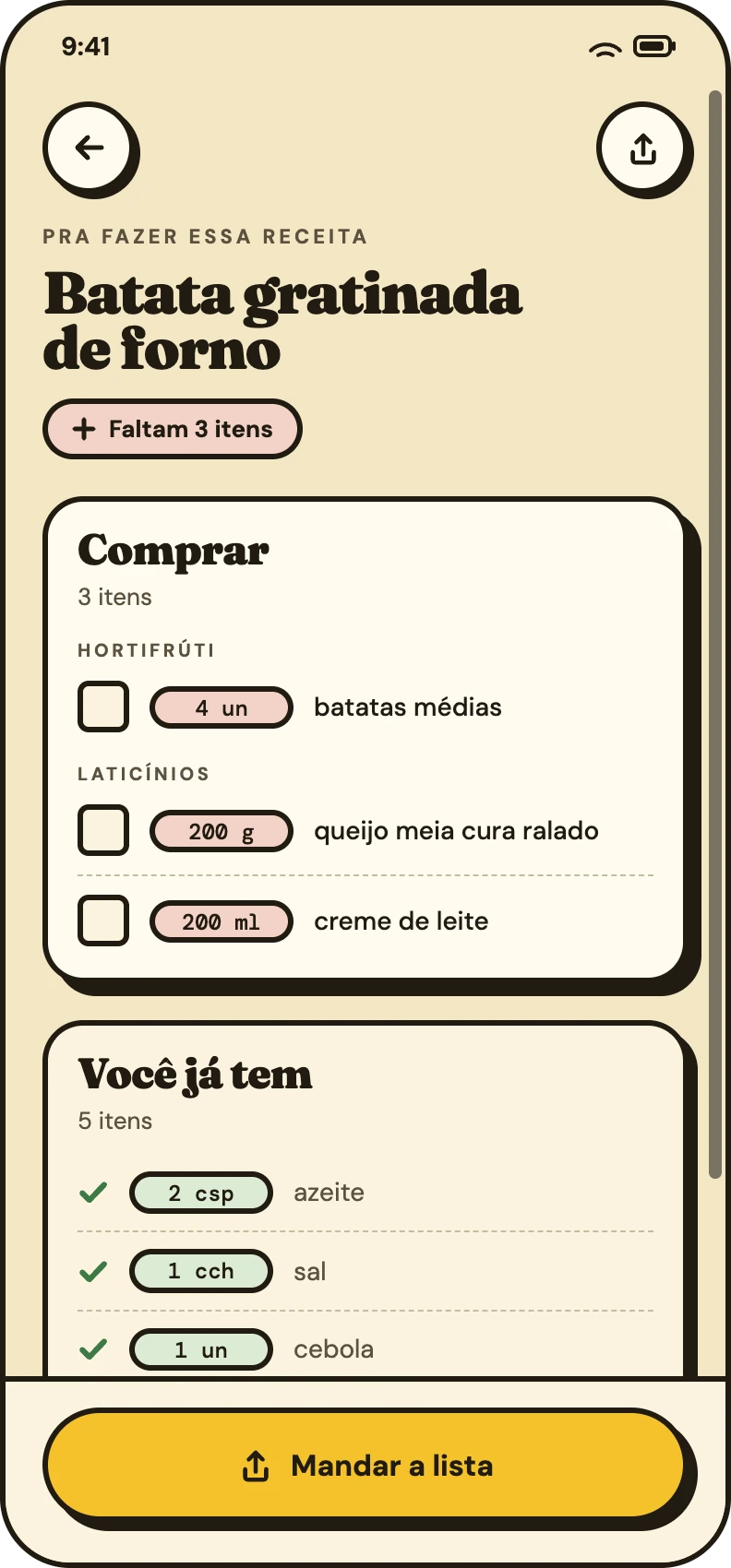Lista de compras separada por corredor do mercado
